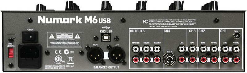 Фото NUMARK M6USB, 4-канальный компактный настольный микшер входы: 2 микрофонных, 2 phono, 4 линейных. USB-интерфейс